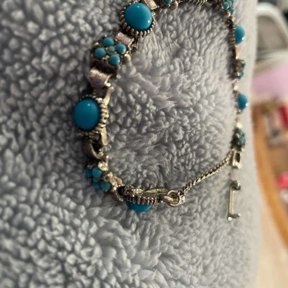 Vintage Mid-Century Silvertone Turquoise Floral Link Bracelet with Safety Chain